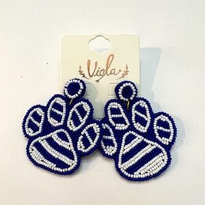 Viola Blue and White Beaded Paw Earrings Football, Sports